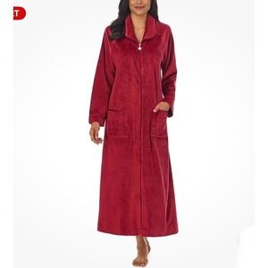 Eileen West Womens S/M Cranberry Red Cozy Velour Zip Front Robe Lounge Pockets